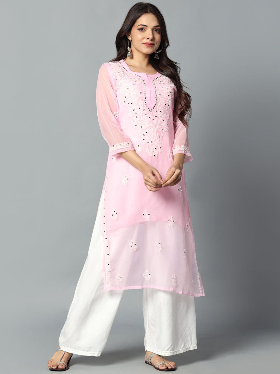 MALABIS Ethnic Motifs Chikankari Chiffon Georgette Straight Kurti