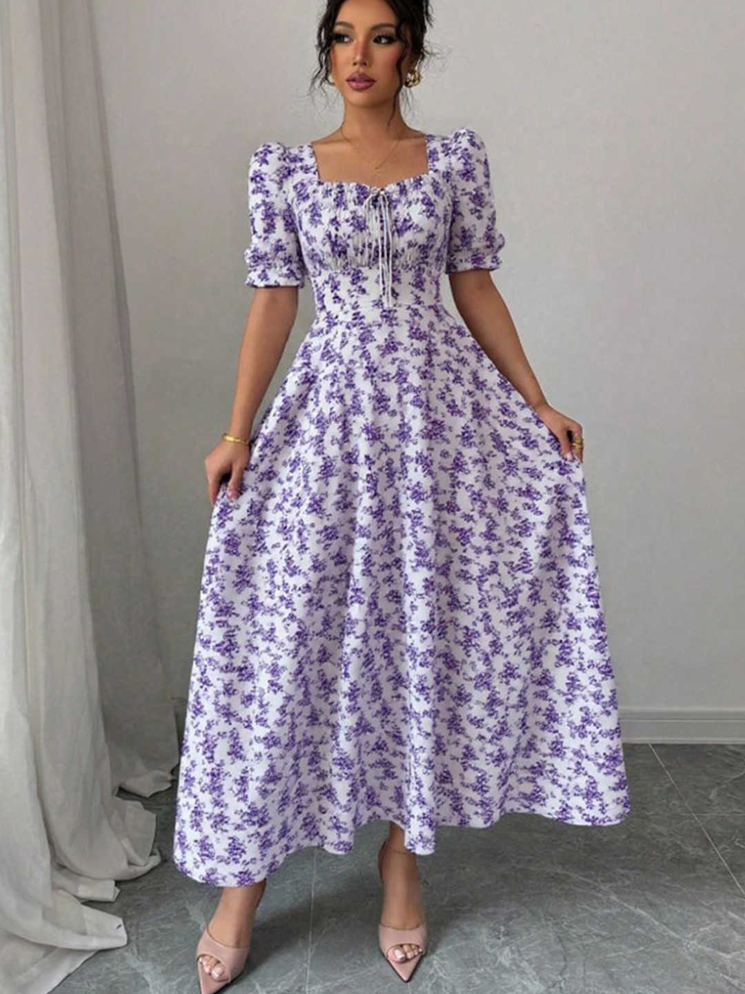 StyleCast x Revolte Women Floral Printed Puff Sleeve Fit & Flare Maxi Dress