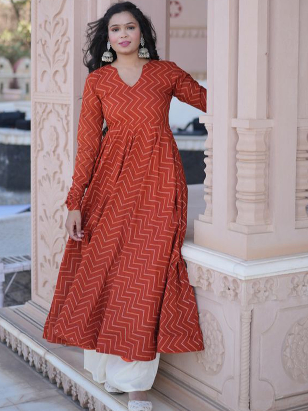 ADYASAA THE LABEL Women Chevron Printed Pure Cotton A-Line Kurta with Salwar