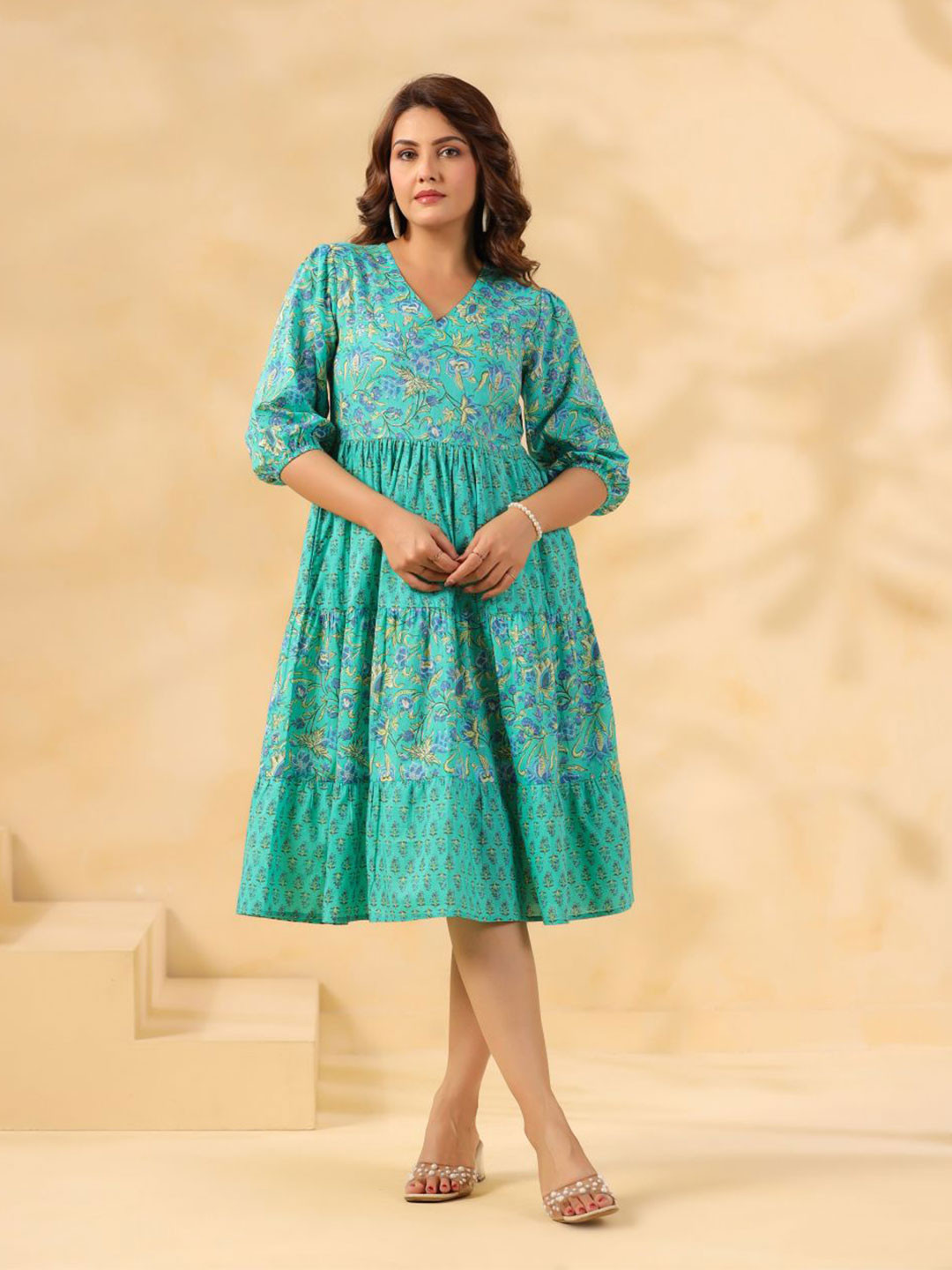 Zenava by Myntra Ethnic Motifs Print Puff Sleeve Tiered Cotton Fit & Flare Midi Dress