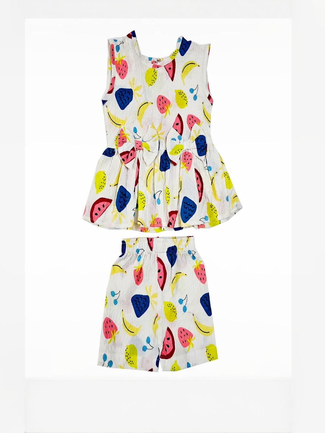 Cutoos Girls Off White & Multicolor Printed Top with Shorts