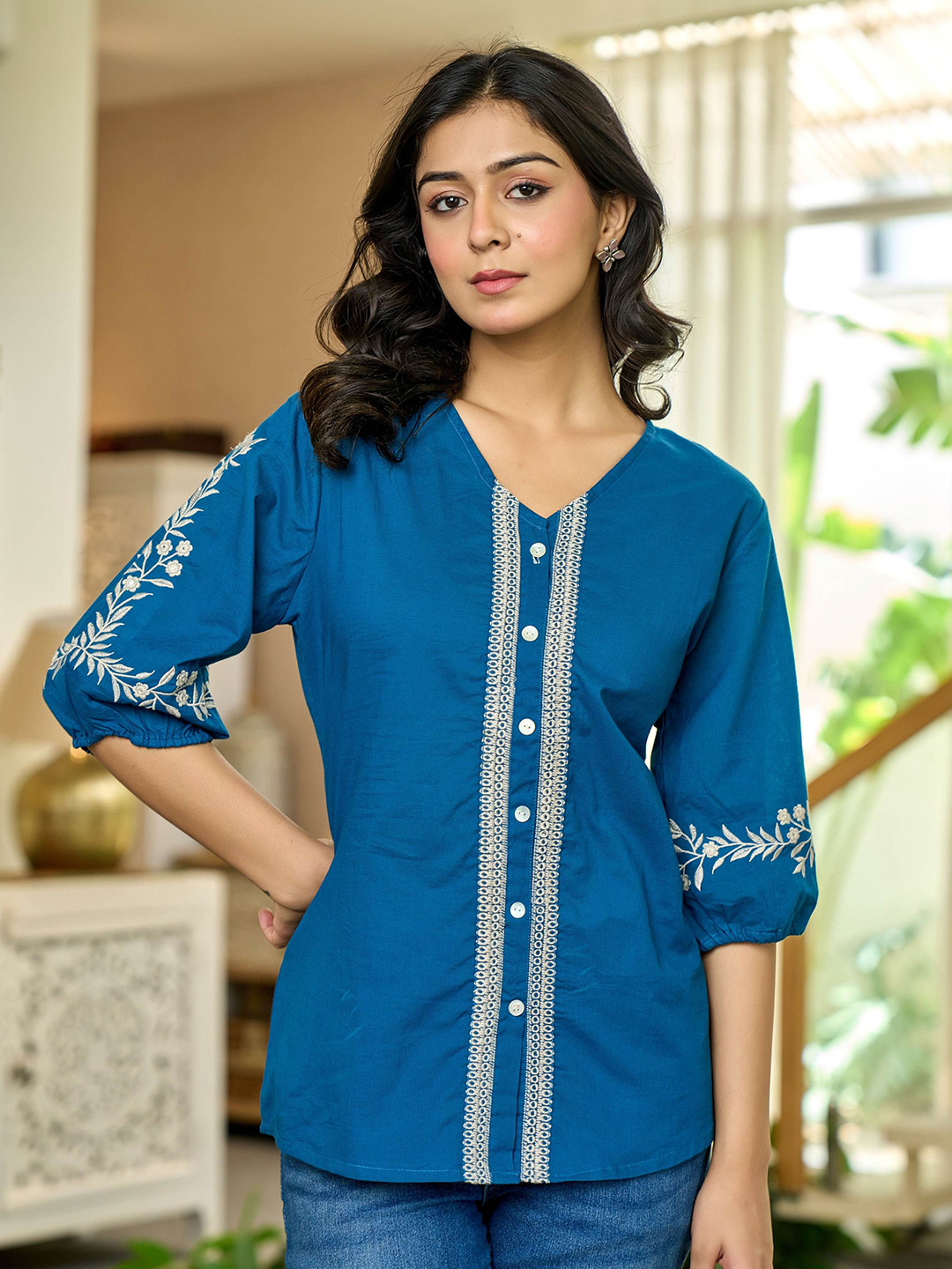 GHUMMAN SONAKSHI Women Ethnic Motifs Embroidered Puff Sleeve A-Line Cotton Top