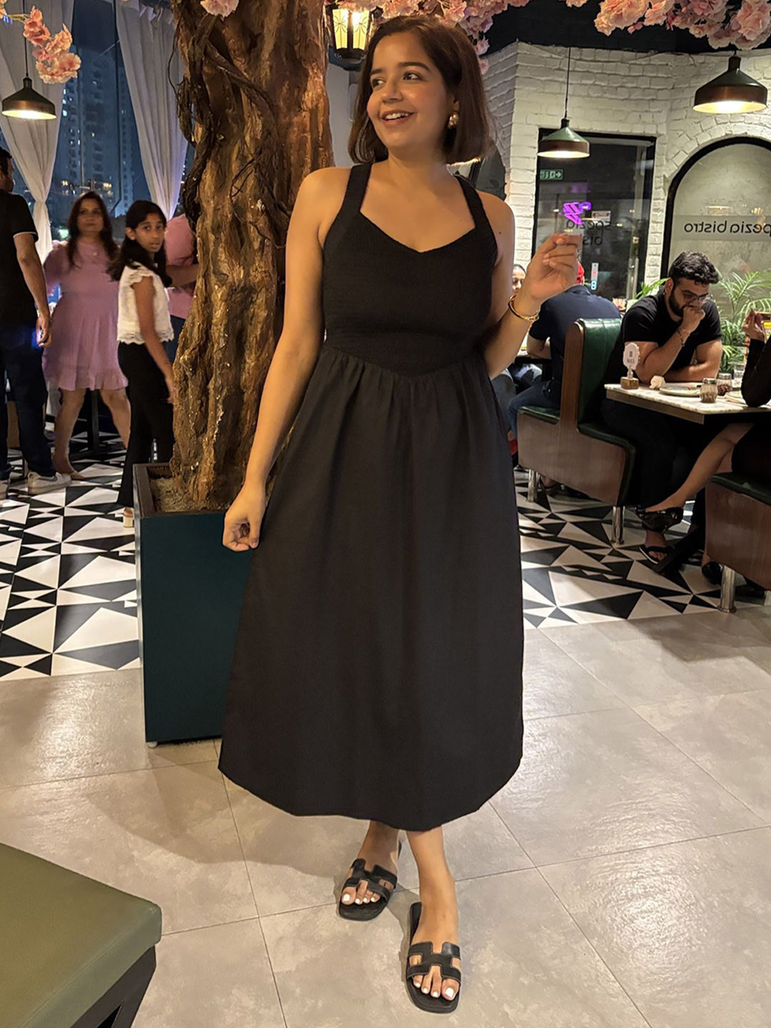 Label Tanvee Noir Women Halter Neck Fit & Flare Smoked Cotton Midi Dress