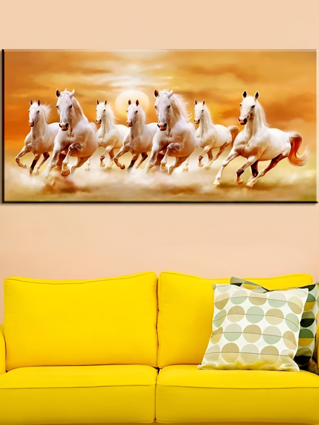 WALLMANTRA White & Brown Seven Horses Panoramic Painted Canvas Wall Art