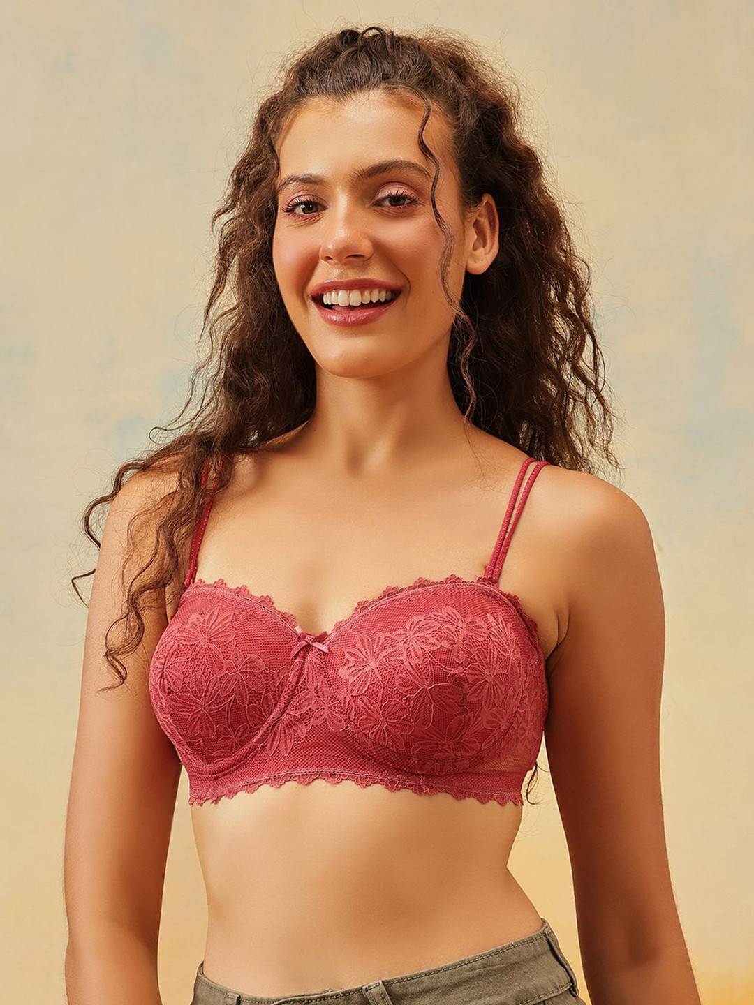 Clovia Lace Padded Underwired Embellished Bra with Adjustable Noodle Straps
