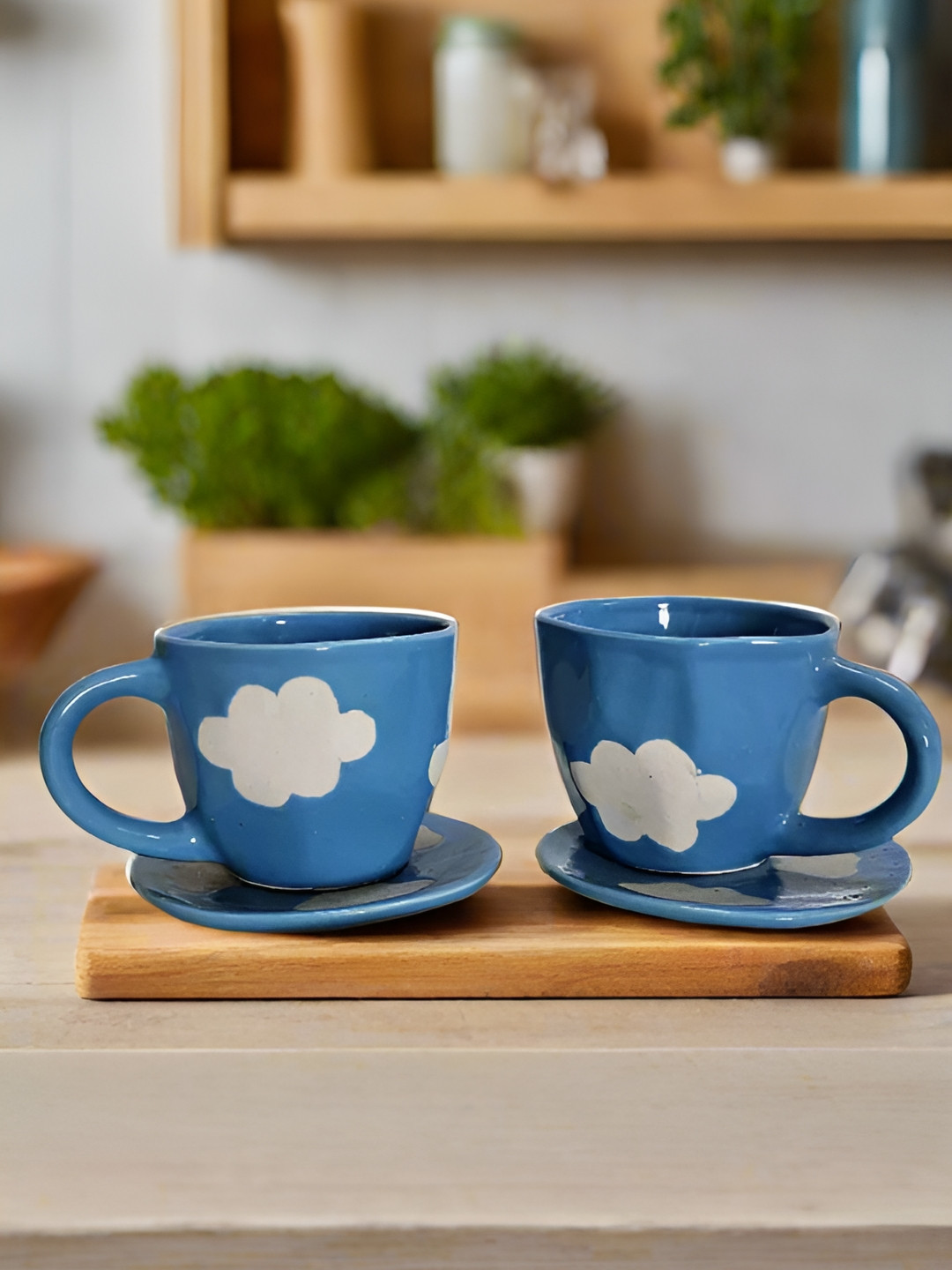 Bon Homey Blue And White Printed Ceramic Dishwasher and Microwave Safe Glossy Tea Set