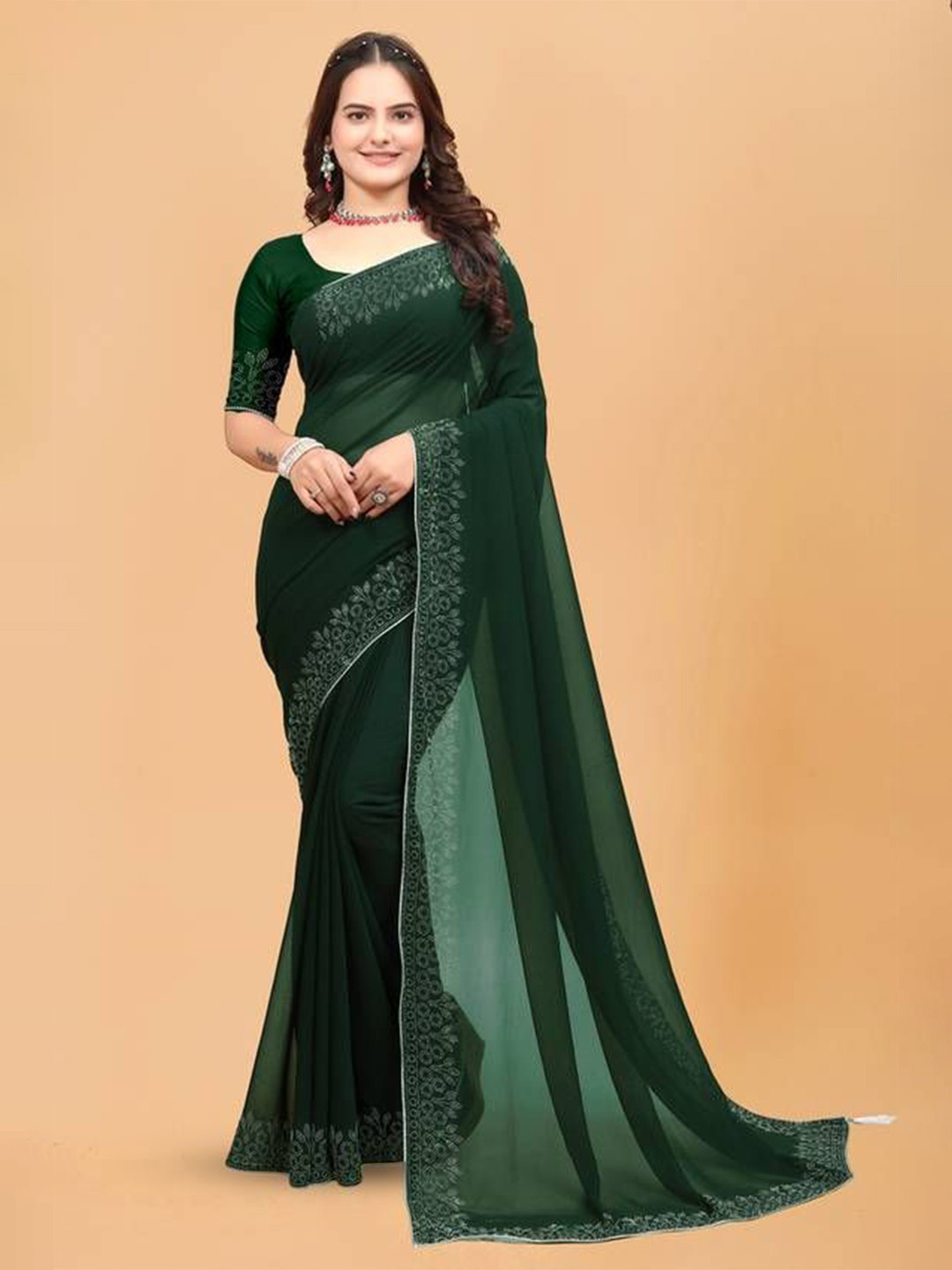 Meaven Tex Beads and Stones Border Pure Georgette Saree with Velvet Blouse Piece