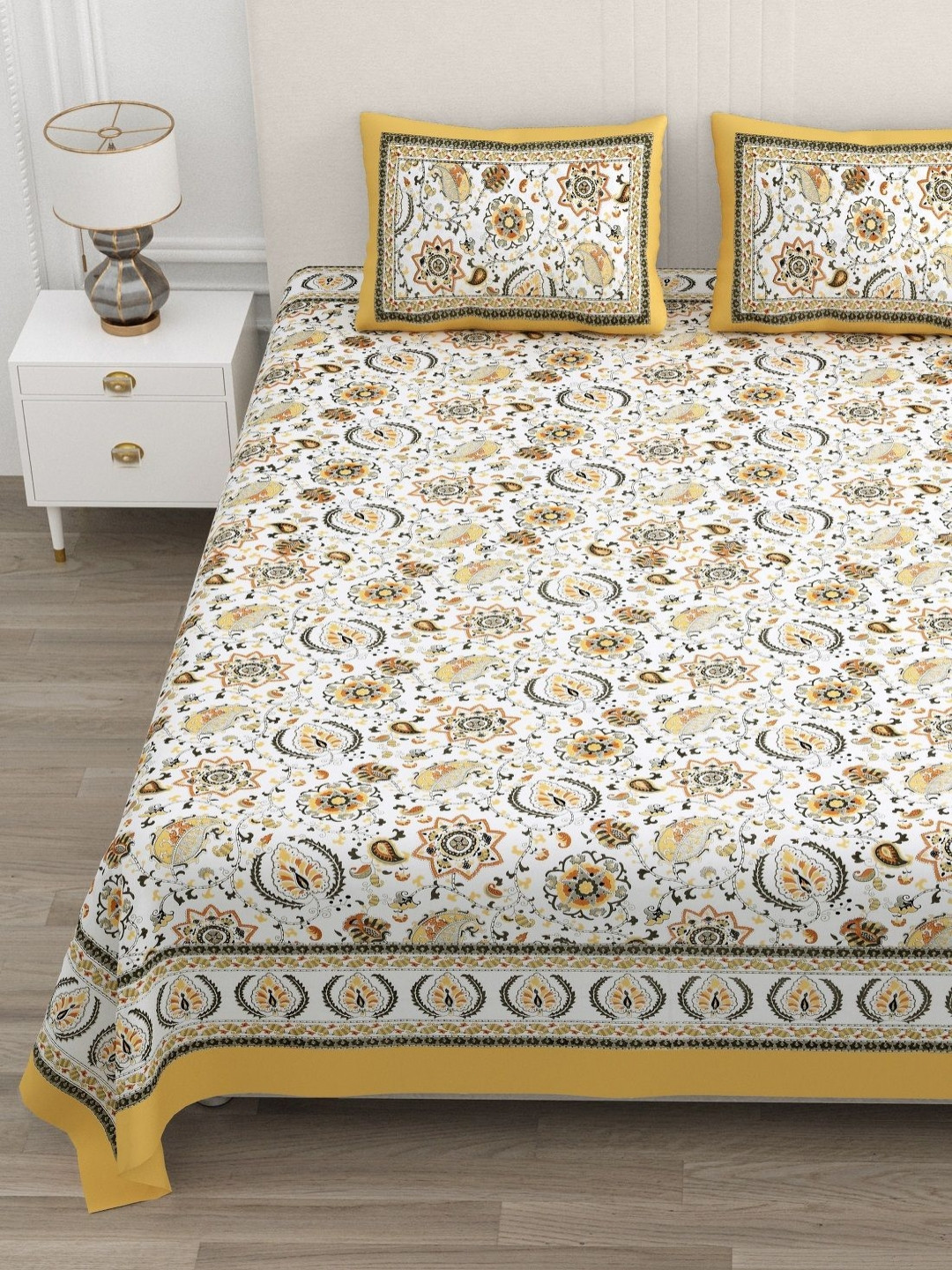 ATARAH Yellow Printed Pure Cotton Flat 144TC Double King Bedsheet Set 2.25 m x  2.75 m