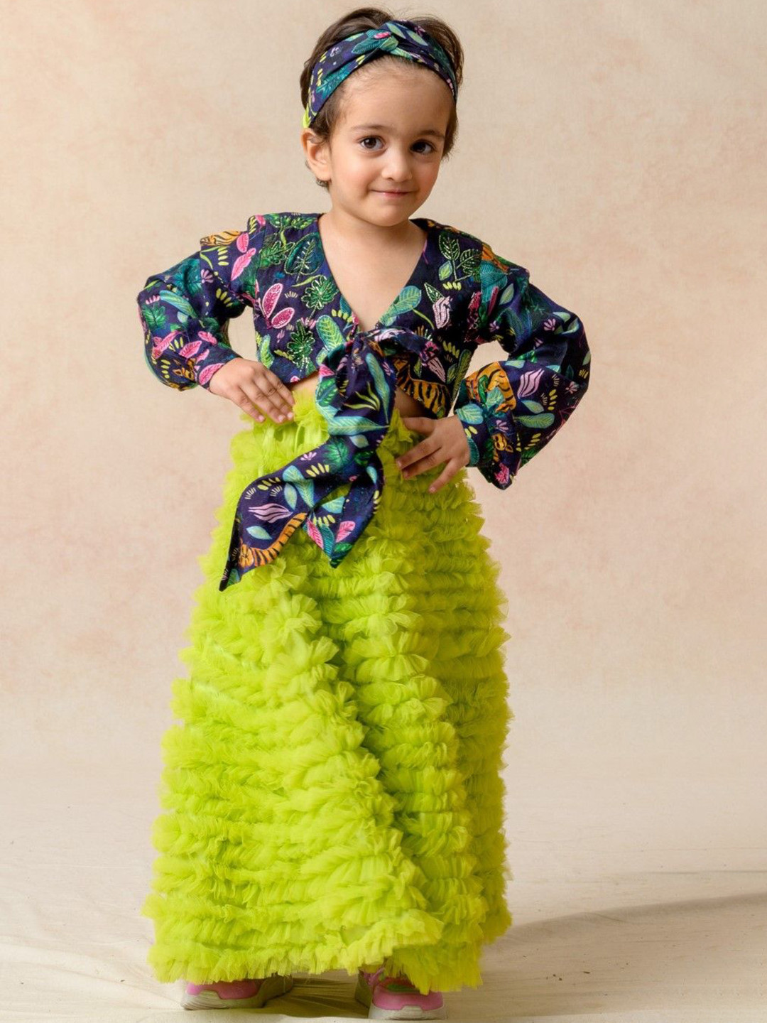 THETAA Girls V-Neck Tie-Ups  Embroidered Abstract Printed Gown