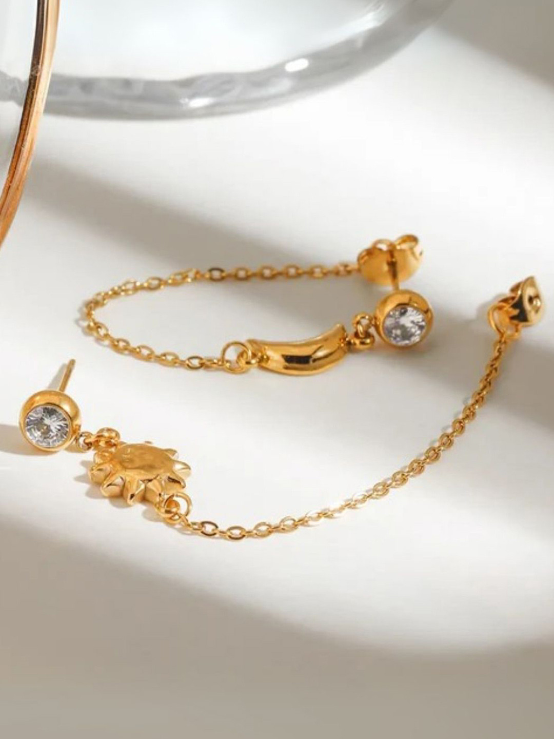 FAB COUTURE Gold-Plated Stainless Steel Stones Studded Sun & Moon Chain Drop Earrings