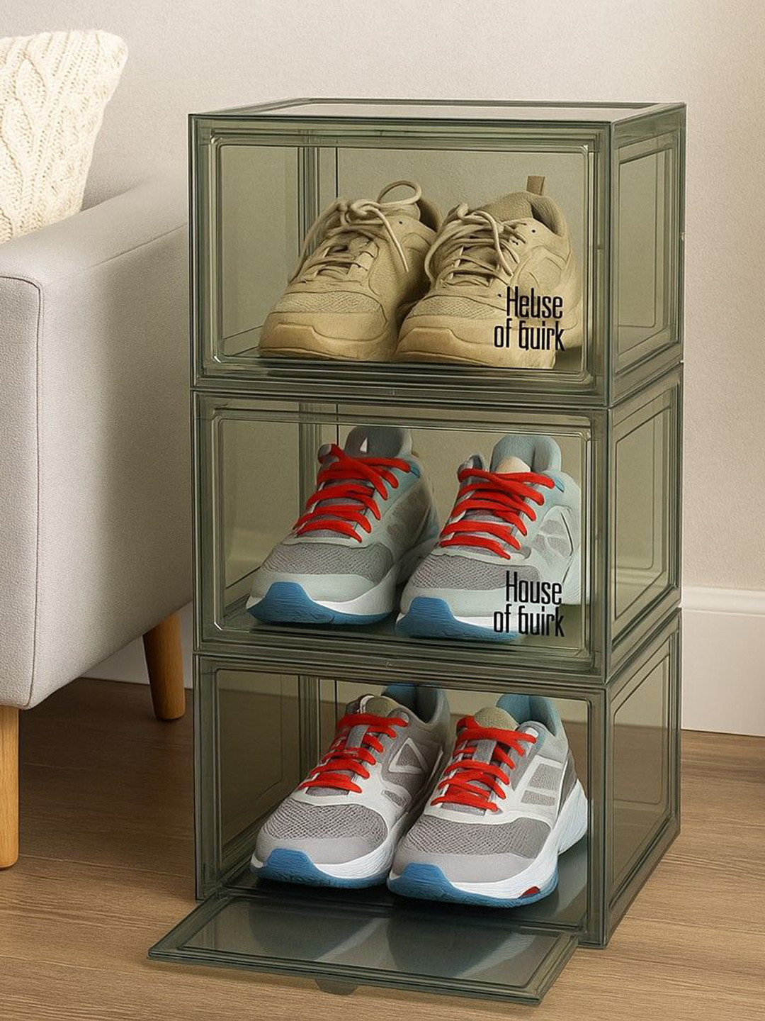 HOUSE OF QUIRK Green 6 Pieces Clear Stackable Shoe Storage Boxes with Magnetic Door