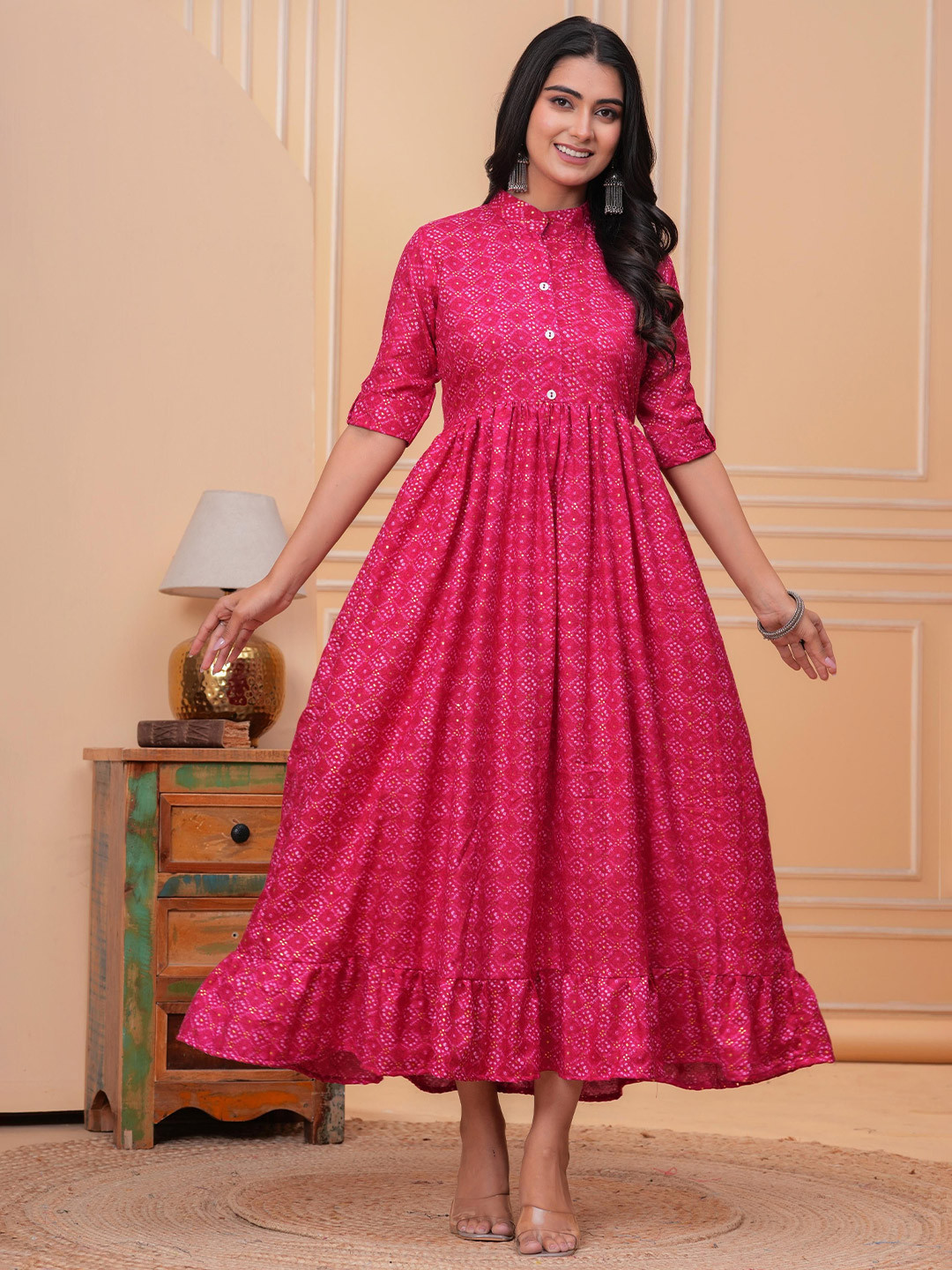 Machla Ethnic Motifs Printed Cotton Fit & Flare Maxi Dress