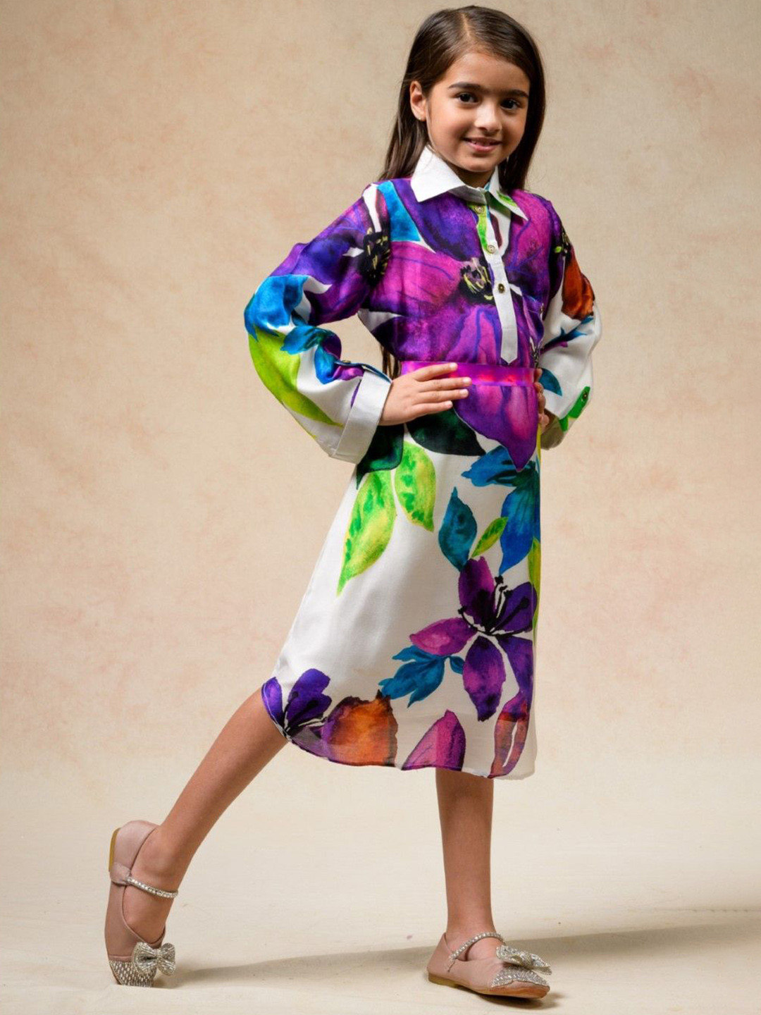 THETAA Girls Floral Printed Pocket Shirt Midi Dress