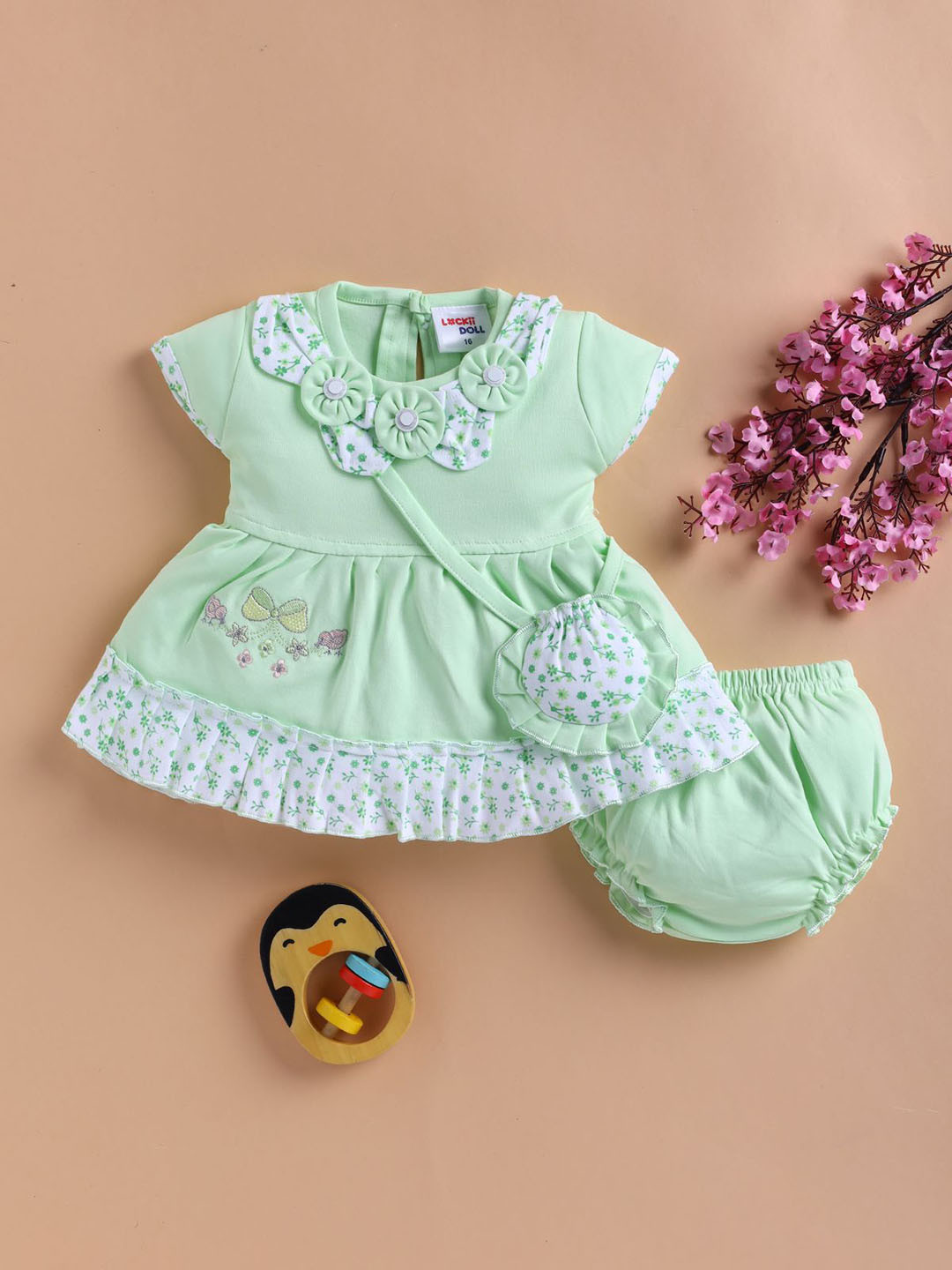 LACKii DOLL Girls Floral Embroidered Applique Pure Cotton Fit And Flare Dress With Panty