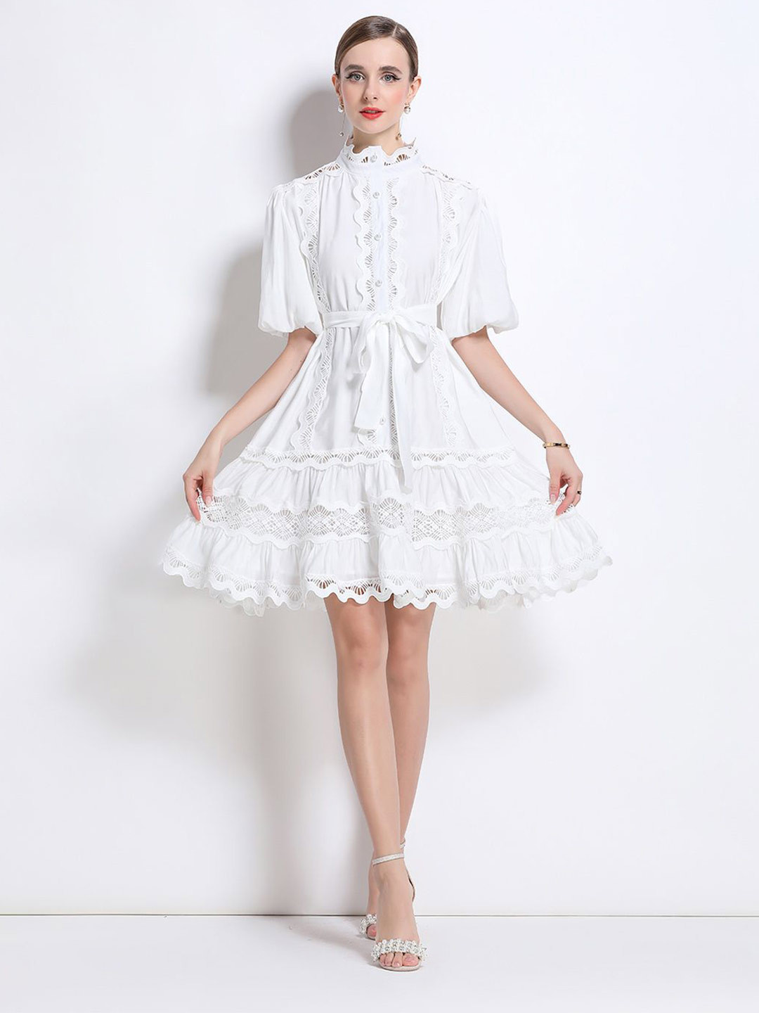 JC Collection Women Mandarin Collar Tiered Lace Inserts Fit & Flare Dress