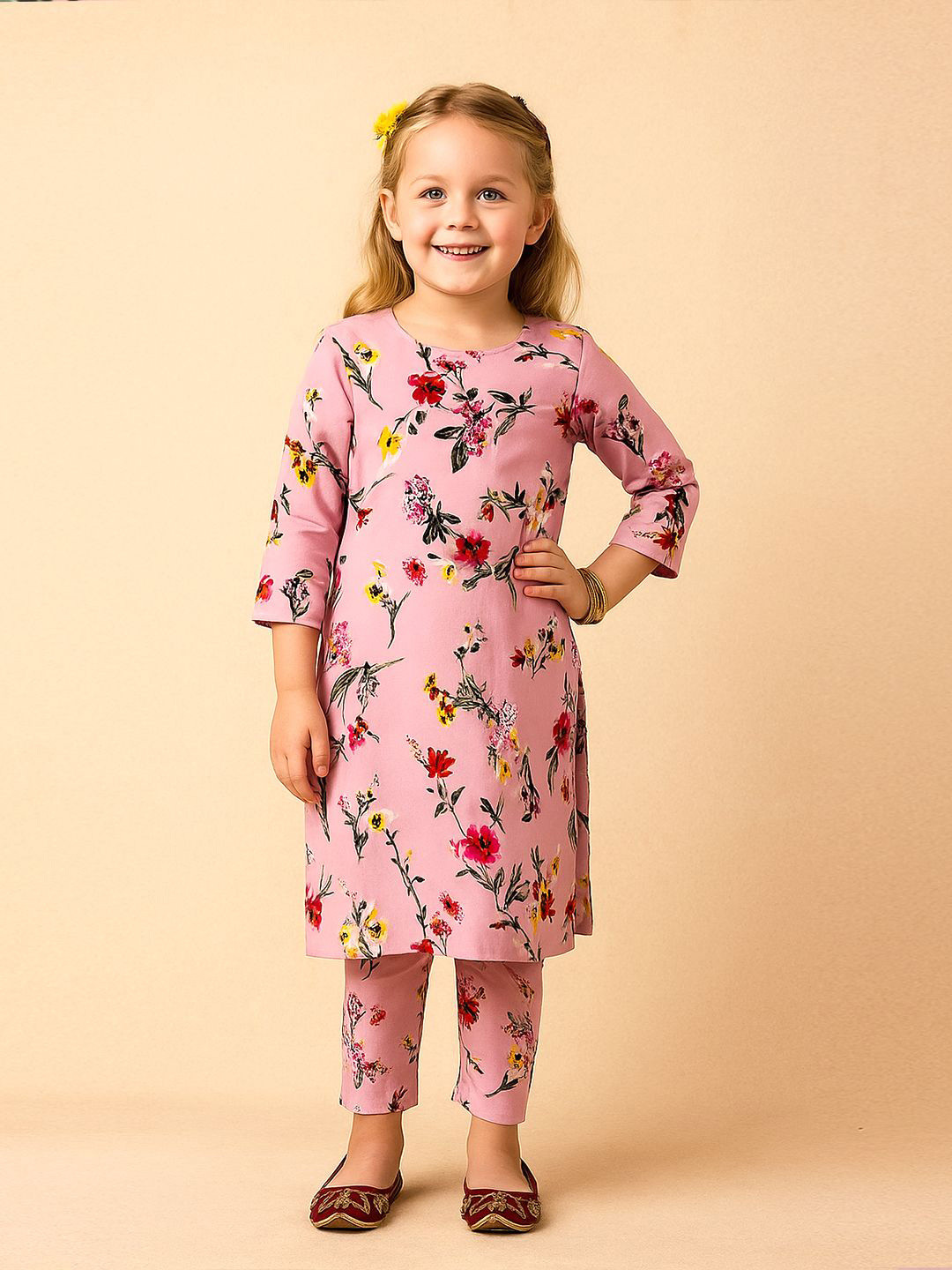 A.T.U.N. Girls Floral Printed Three-quarter Sleeve Kurti and Pant Set