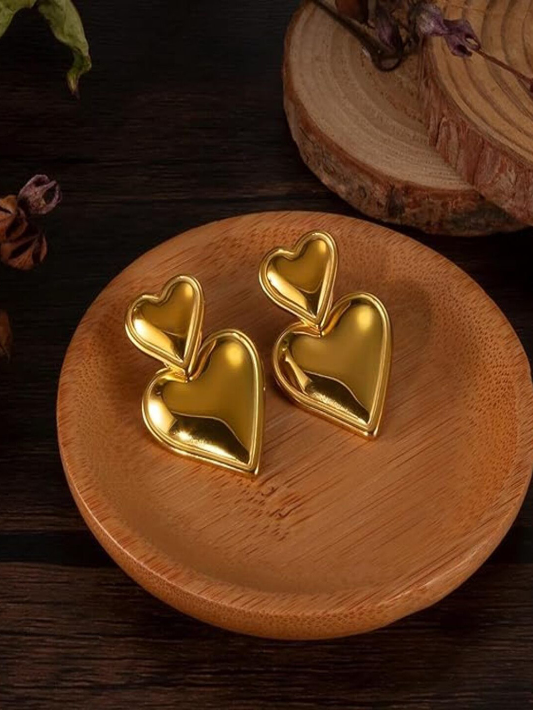 Jewelz Stainless Steel Gold Plated Double Heart Shaped Drop Earrings