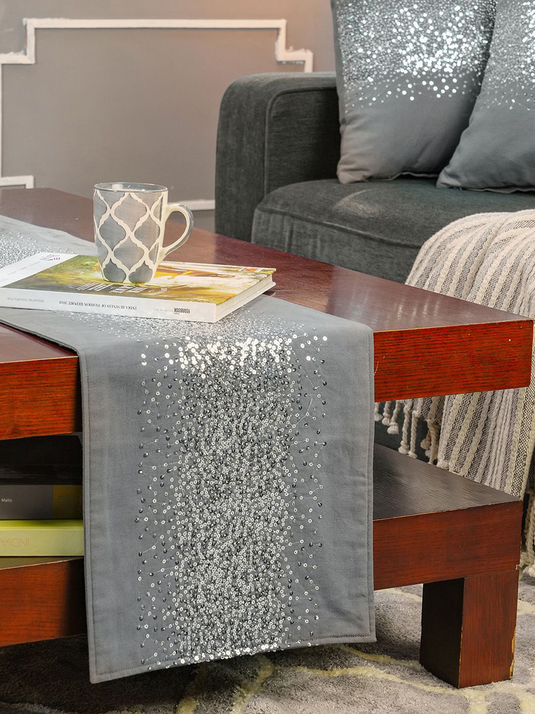 MASPAR Ash Grey & Silver Toned Embroidered Cotton 4 Seater Table Runner & Cushion Covers
