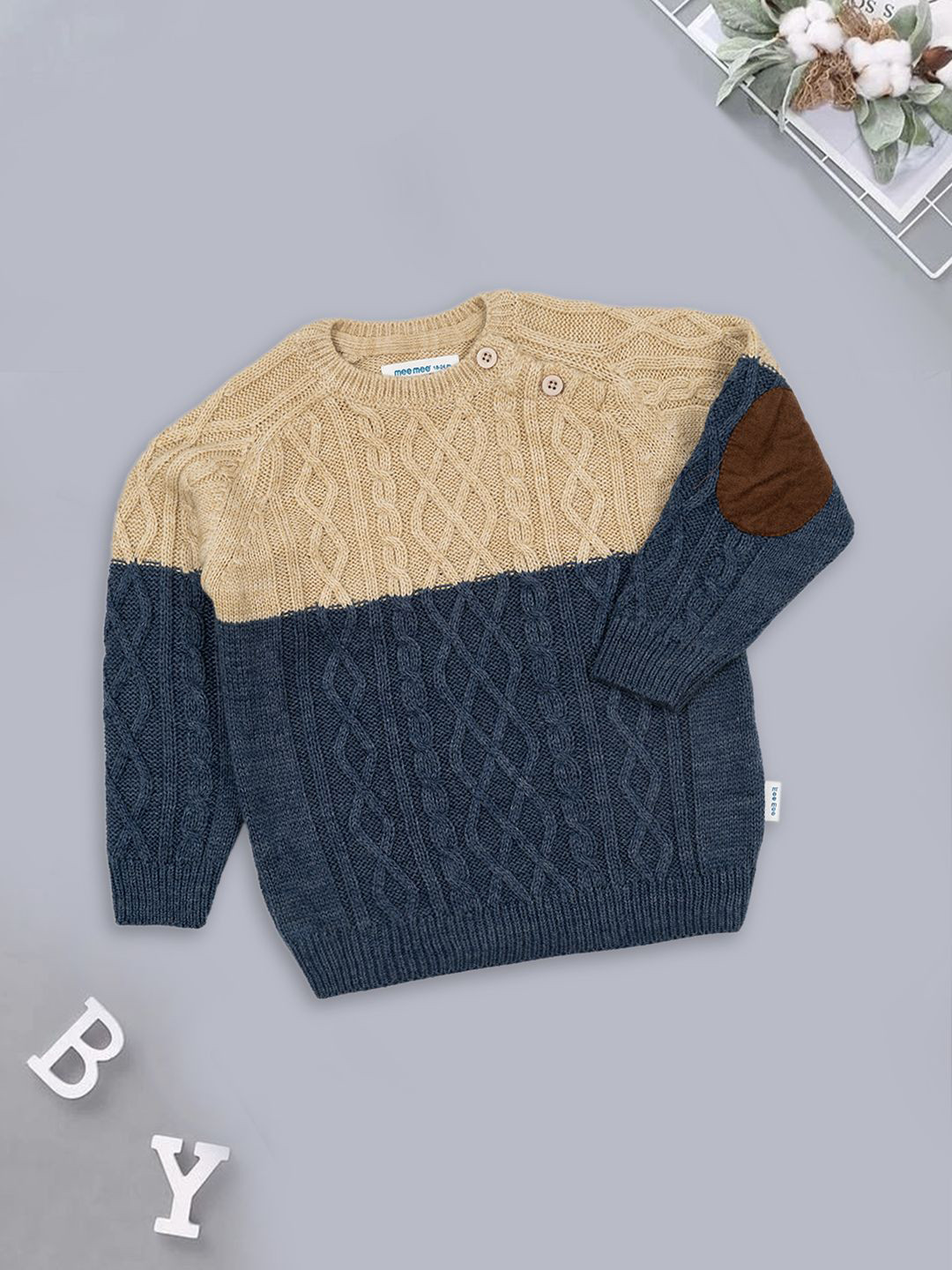 MEEMEE Boys Geometric Self Design Round Neck Cotton Pullover With Elbow Patches