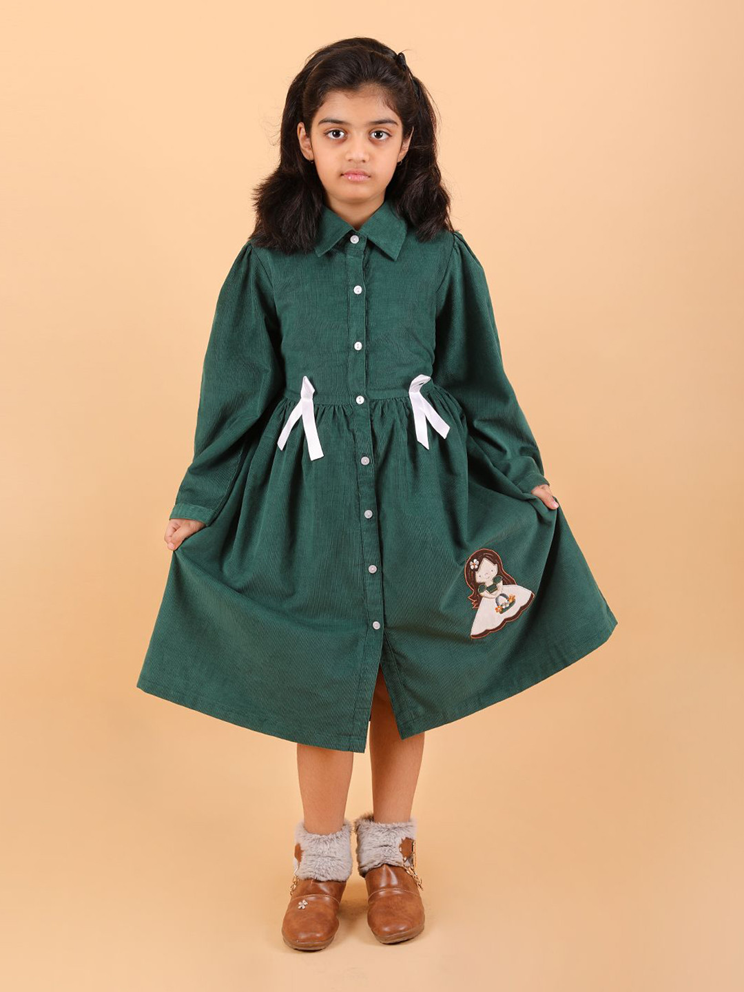 BAESD Girls Puff Sleeve Corduroy Shirt Dress with Bow Details