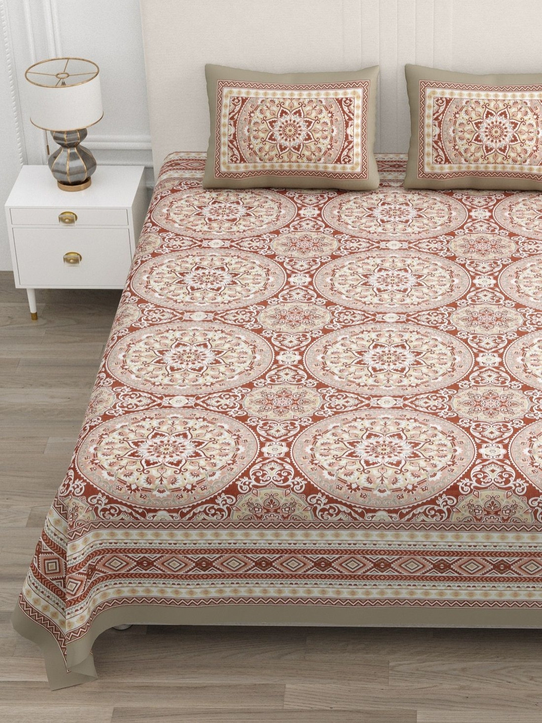 ATARAH Brown & White Ethnic Printed 144TC Cotton Double Queen Bedsheet Set 2.25 m x 2.75 m