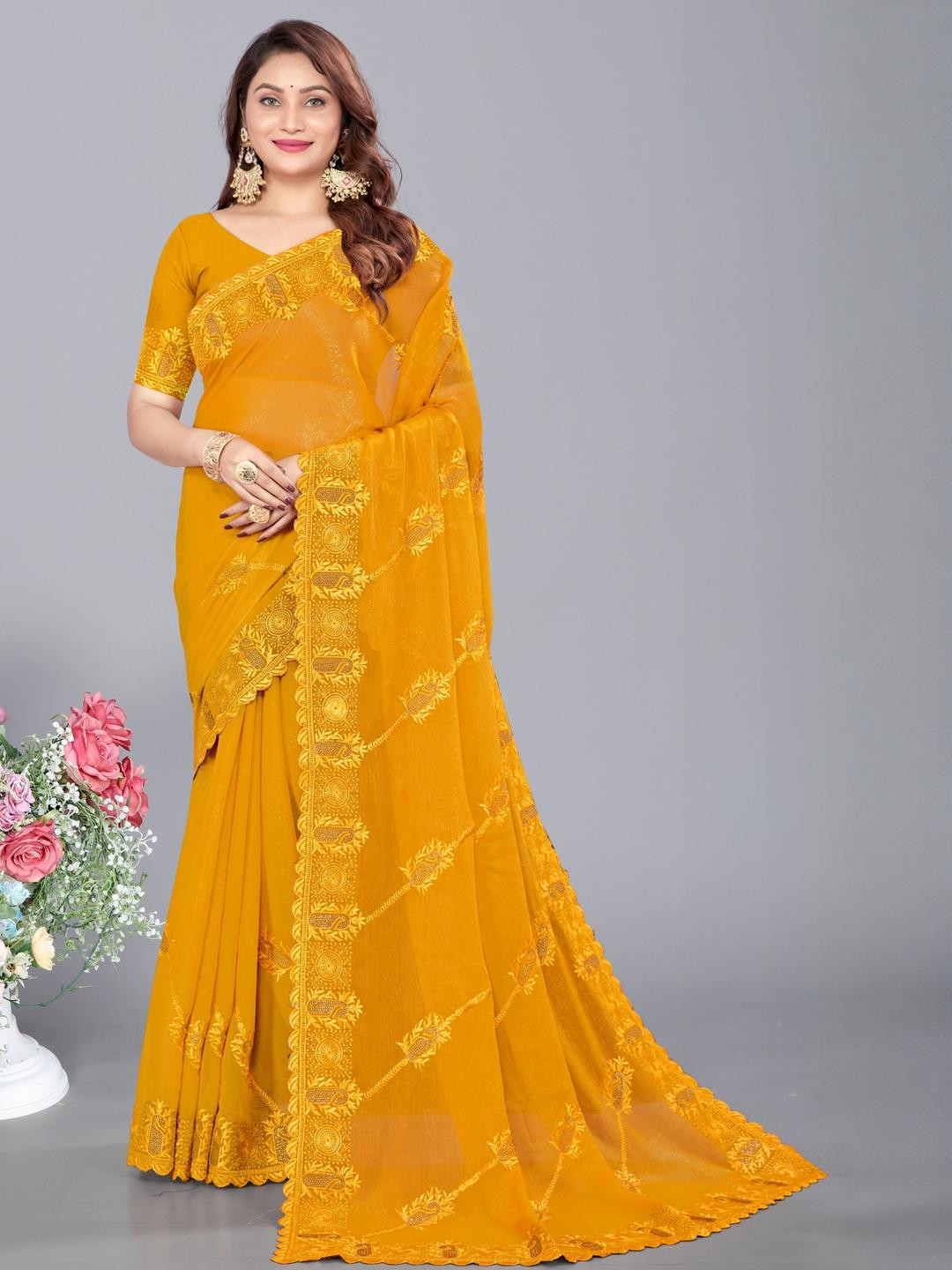 KSALIYA Yellow Organza Sarees