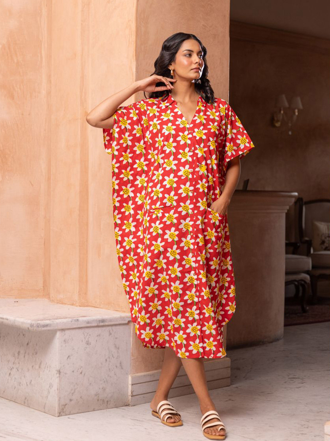 PHUTARI Hand Block Printed Kaftan Shirt Dress