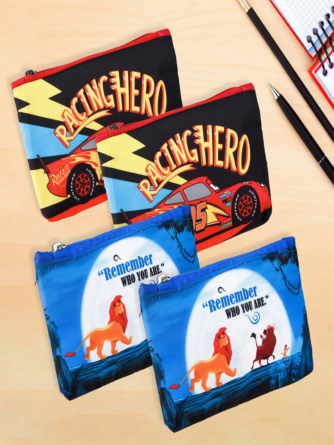 YK Kids Set Of 4 Disney Printed Square Zipper Pencil Pouchs