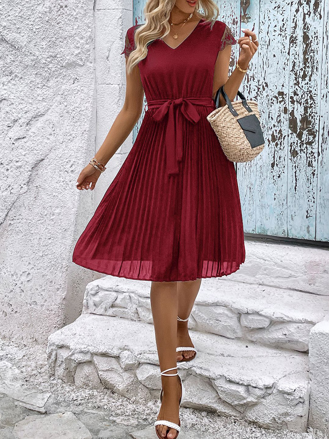 JC Mode Women Gathered or Pleated Cap Sleeves Fit & Flare Dress