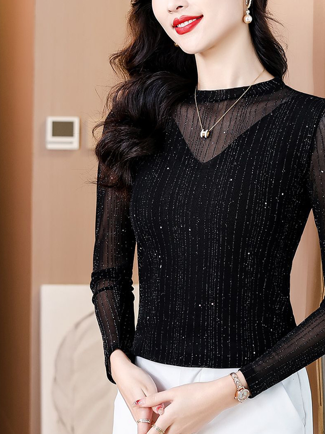 JC Mode Women Embellished Long Sleeves Fitted Top