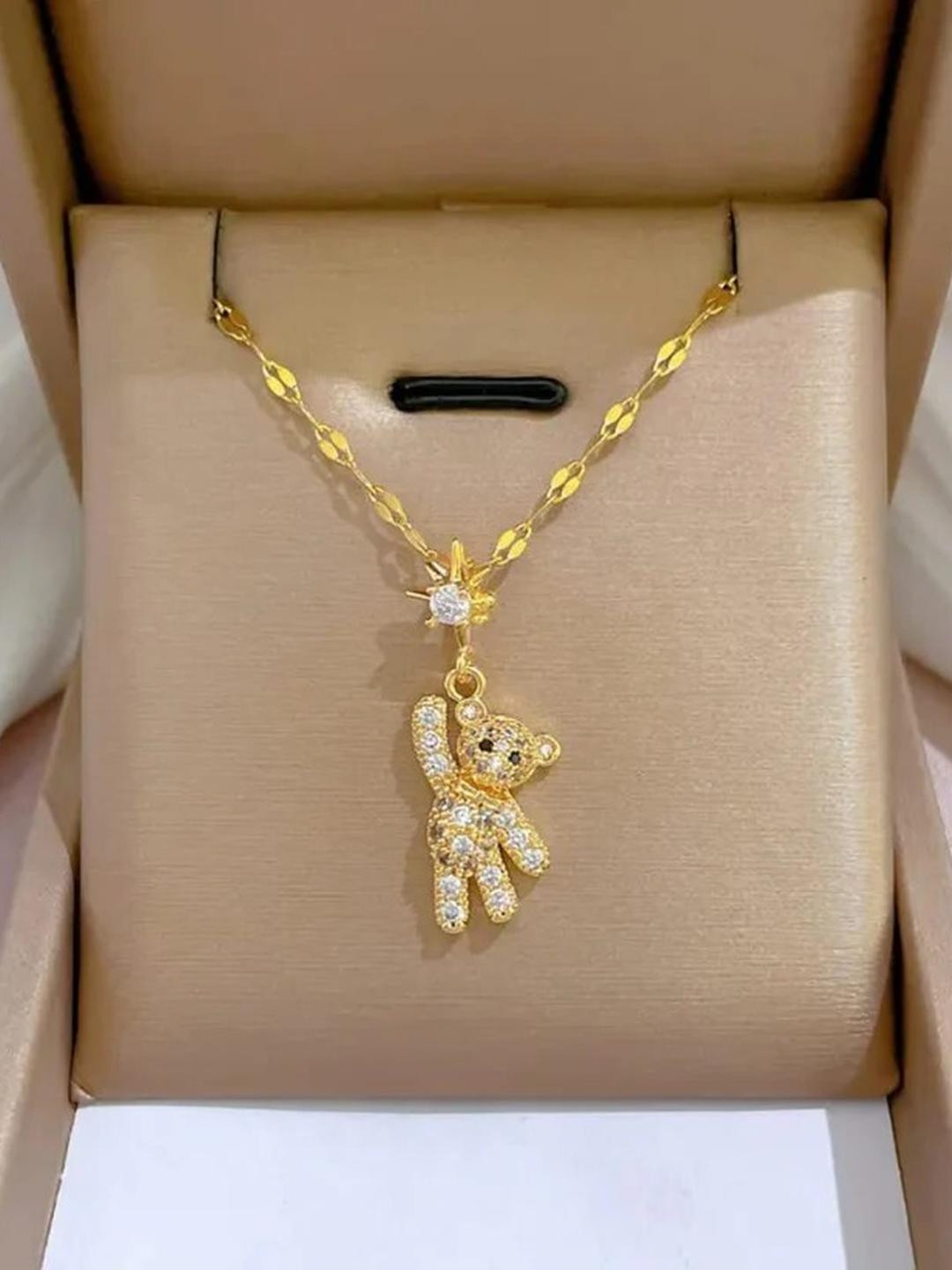 Khusha Creations Chic Gold-Plated Teddy Bear Pendant Necklace with Sparkling Crystals