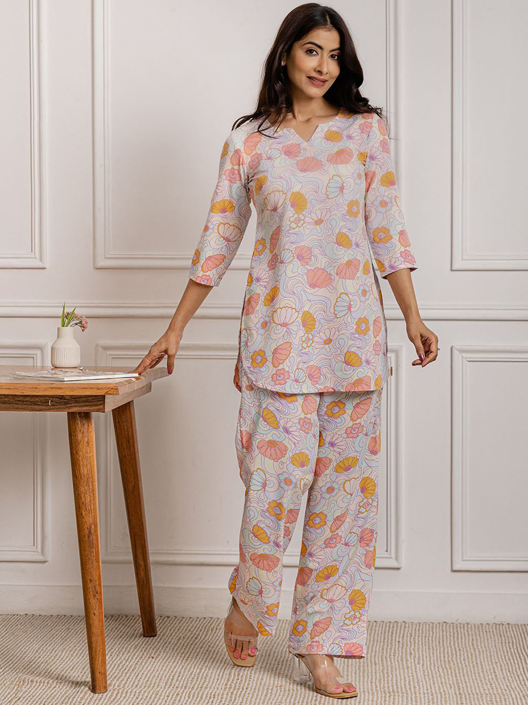 Niyaksha Woman Printed Pure Cotton Notch Neck Top With Trousers