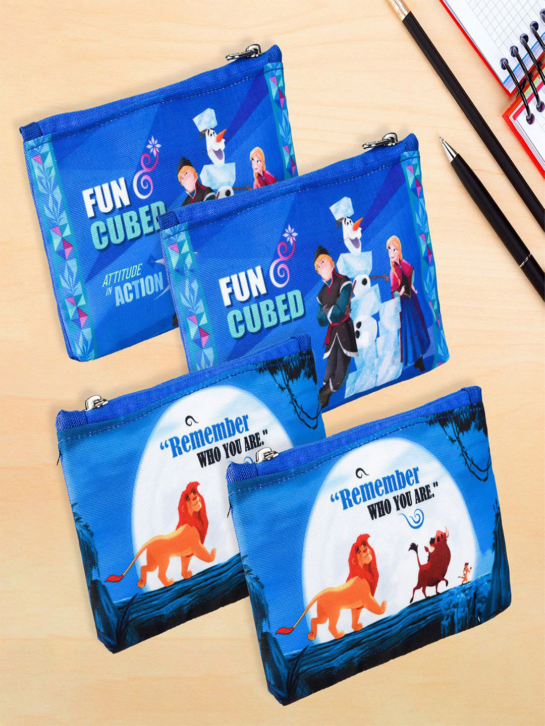 YK Kids Set Of 4 Disney Printed Square Zipper Pencil Pouches