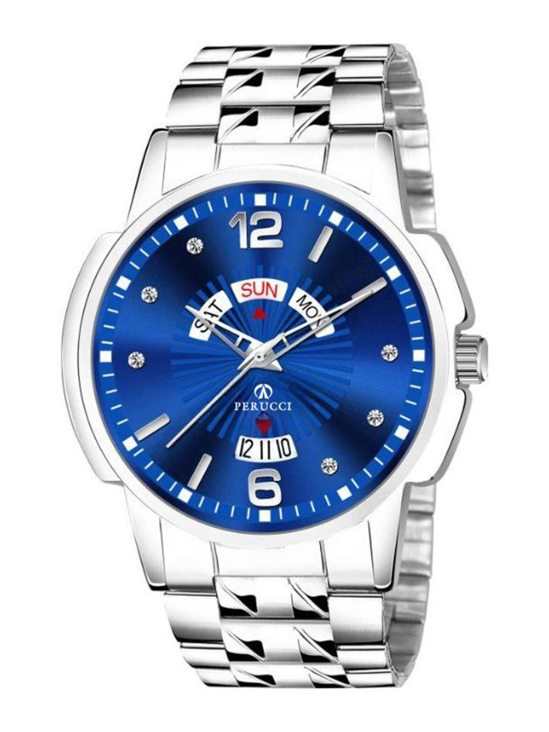 PERUCCI Men Stainless Steel Straps Analogue Watch P-440 Blue Date Silver Chain