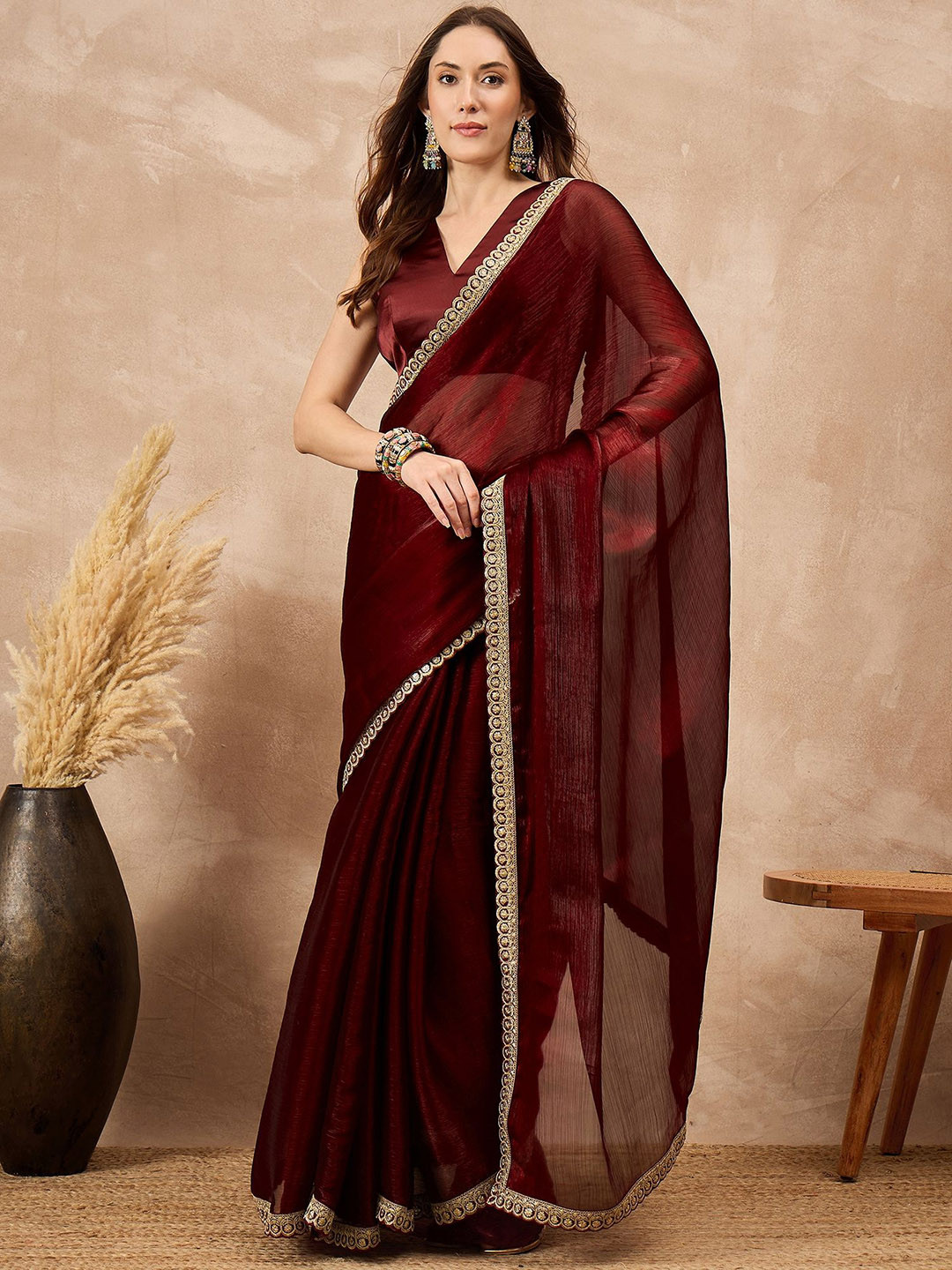 all about you Satin Coding Border Saree with Unstitched Blouse