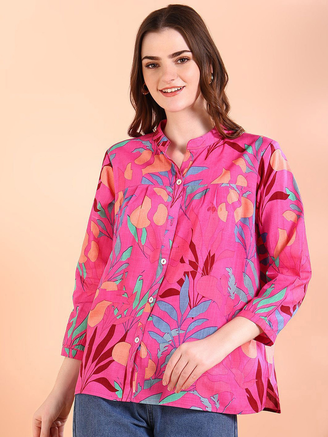 PinkTribe Women Oversized Fit Floral Printed Mandarin Collar Casual Shirt