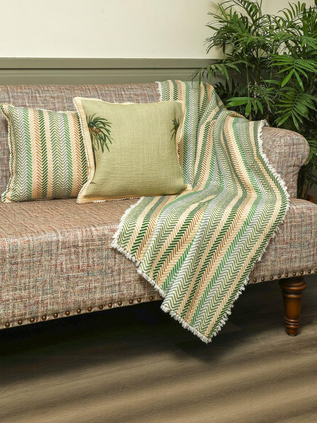 Crown of Poppies Green & Yellow Set of 3 Striped Square Cushion Covers & Throw