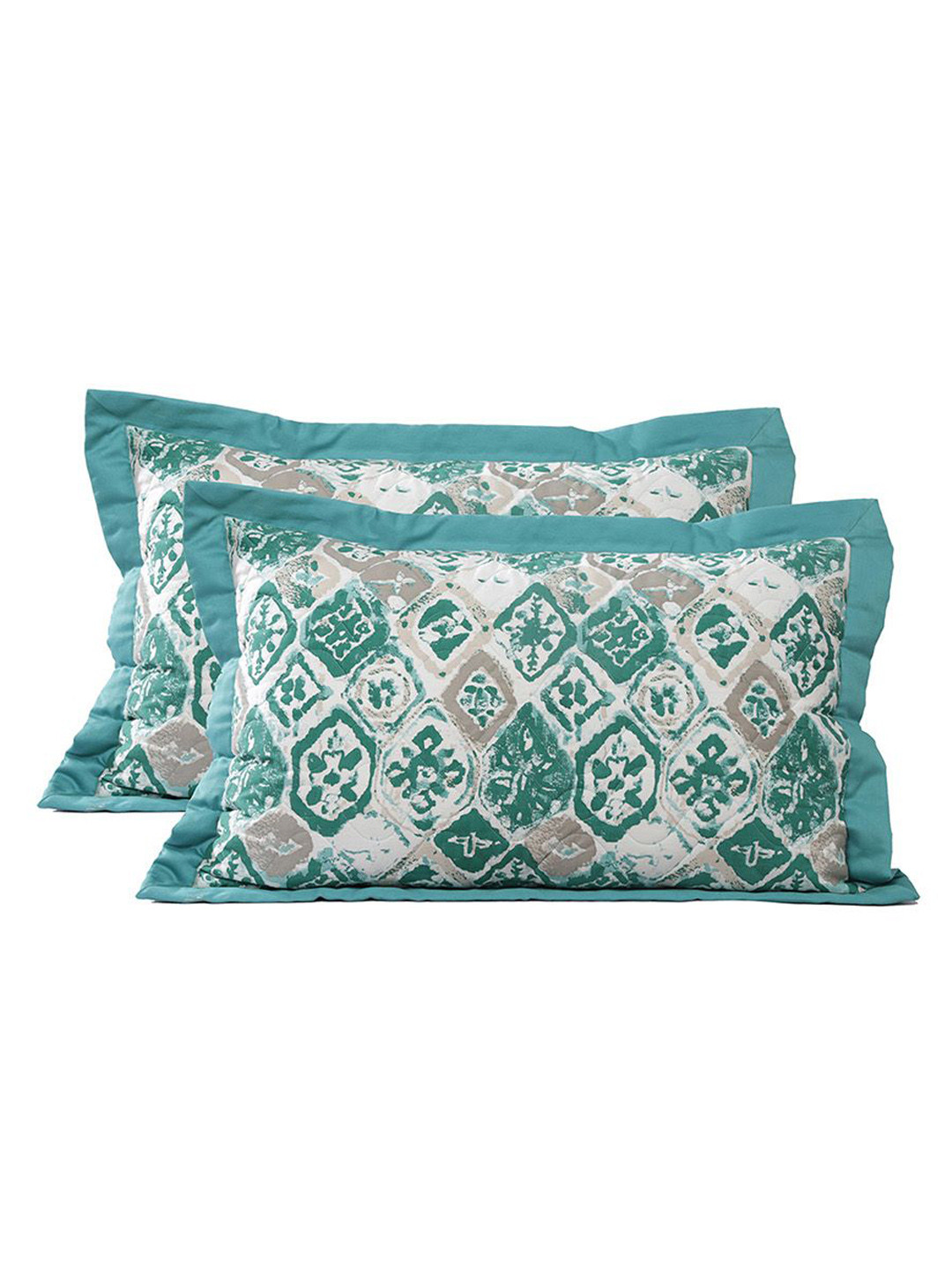 MASPAR Green & White 2 Pieces Printed Cotton Rectangle Pillow Sham Set