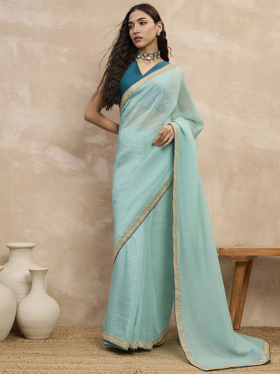 all about you Organza Solid With Embellished Lace Saree with Unstitched Blouse