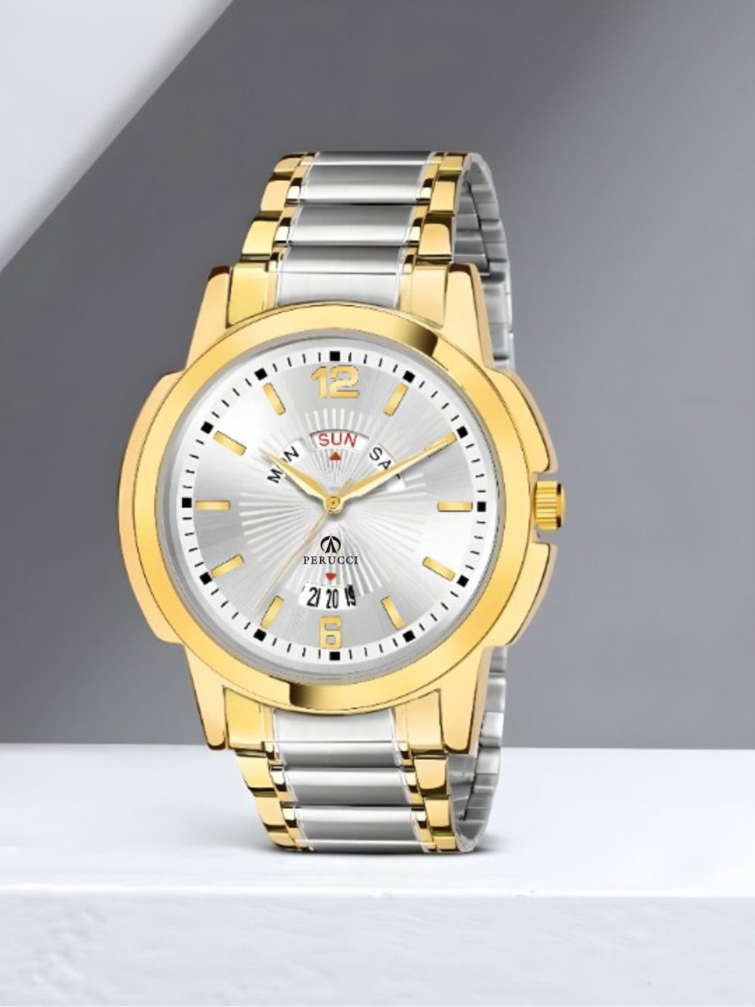 PERUCCI Men Round Dial & Bracelet Style Straps Analogue Watch P-440 Daul Tone Silver Date