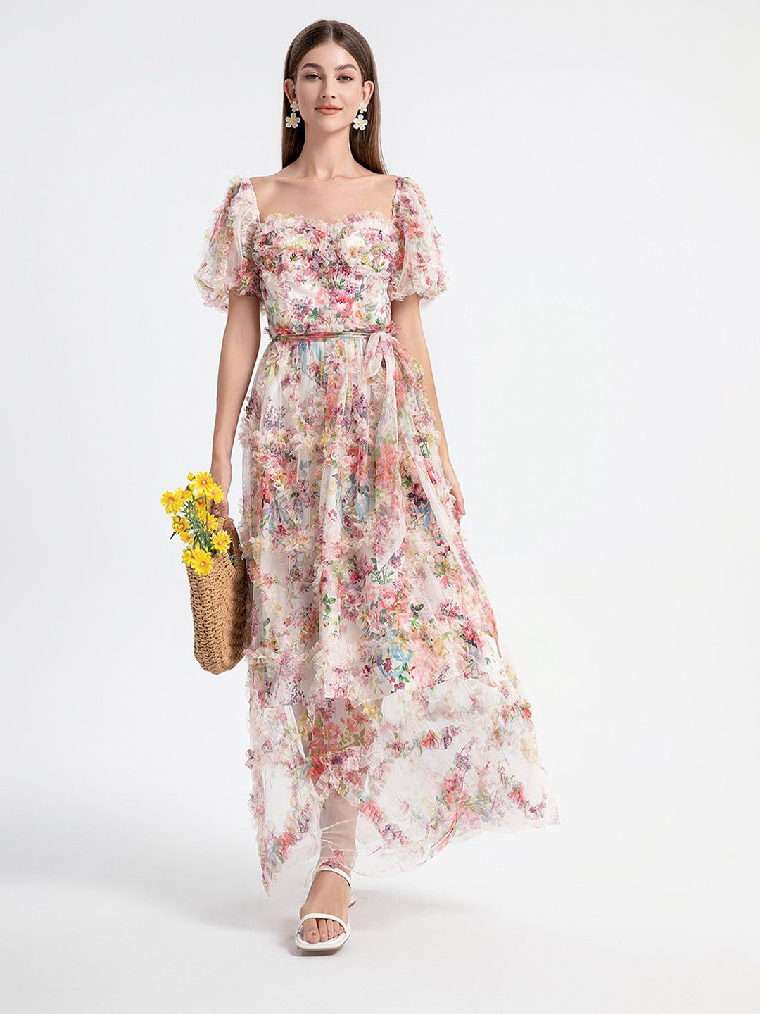 JC Collection Women Floral Print Puff Ruffles Sleeve Maxi Dress