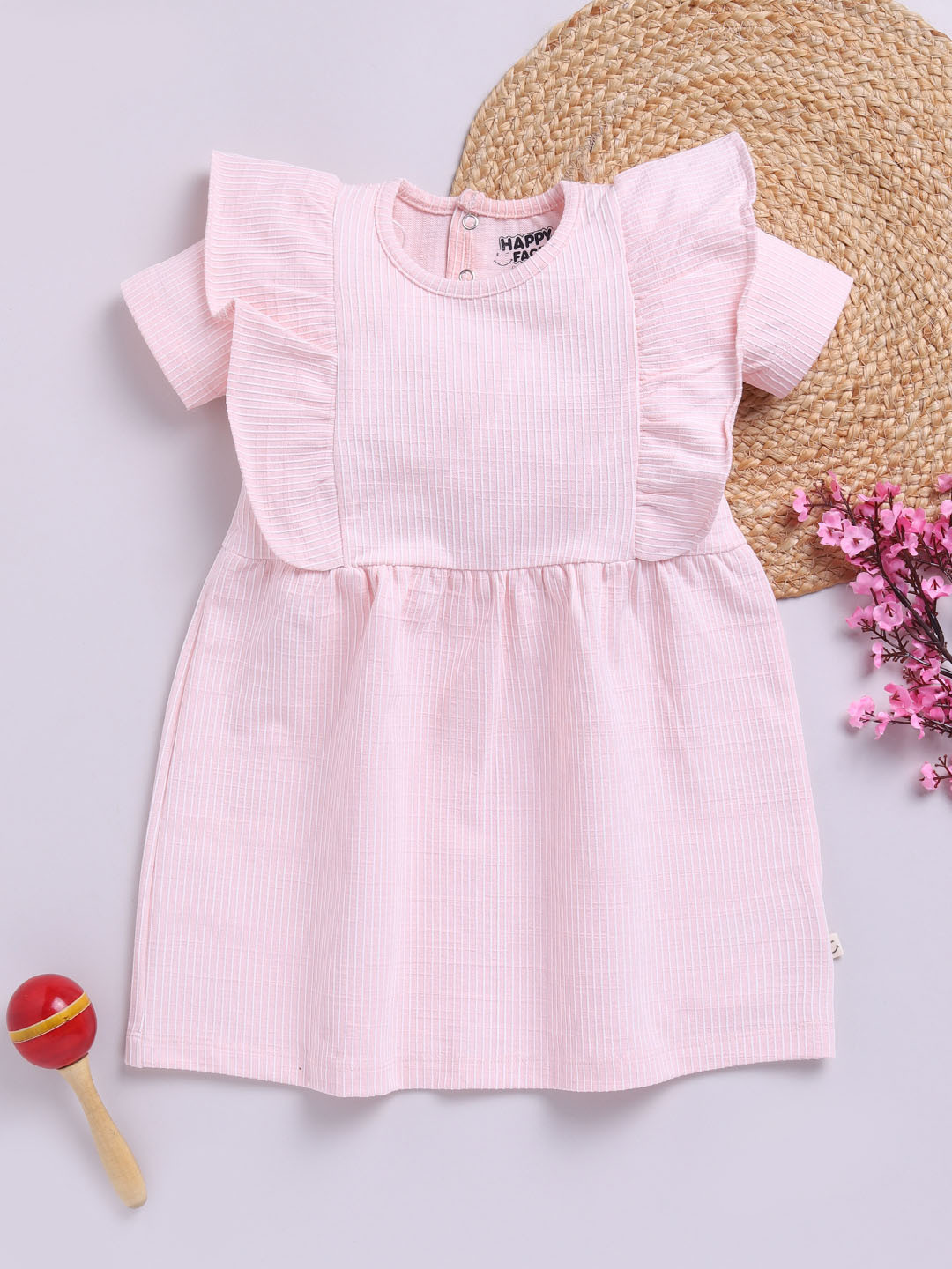 Happy Faces Girls Striped Ruffled Fit & Flare Pure Cotton Dress