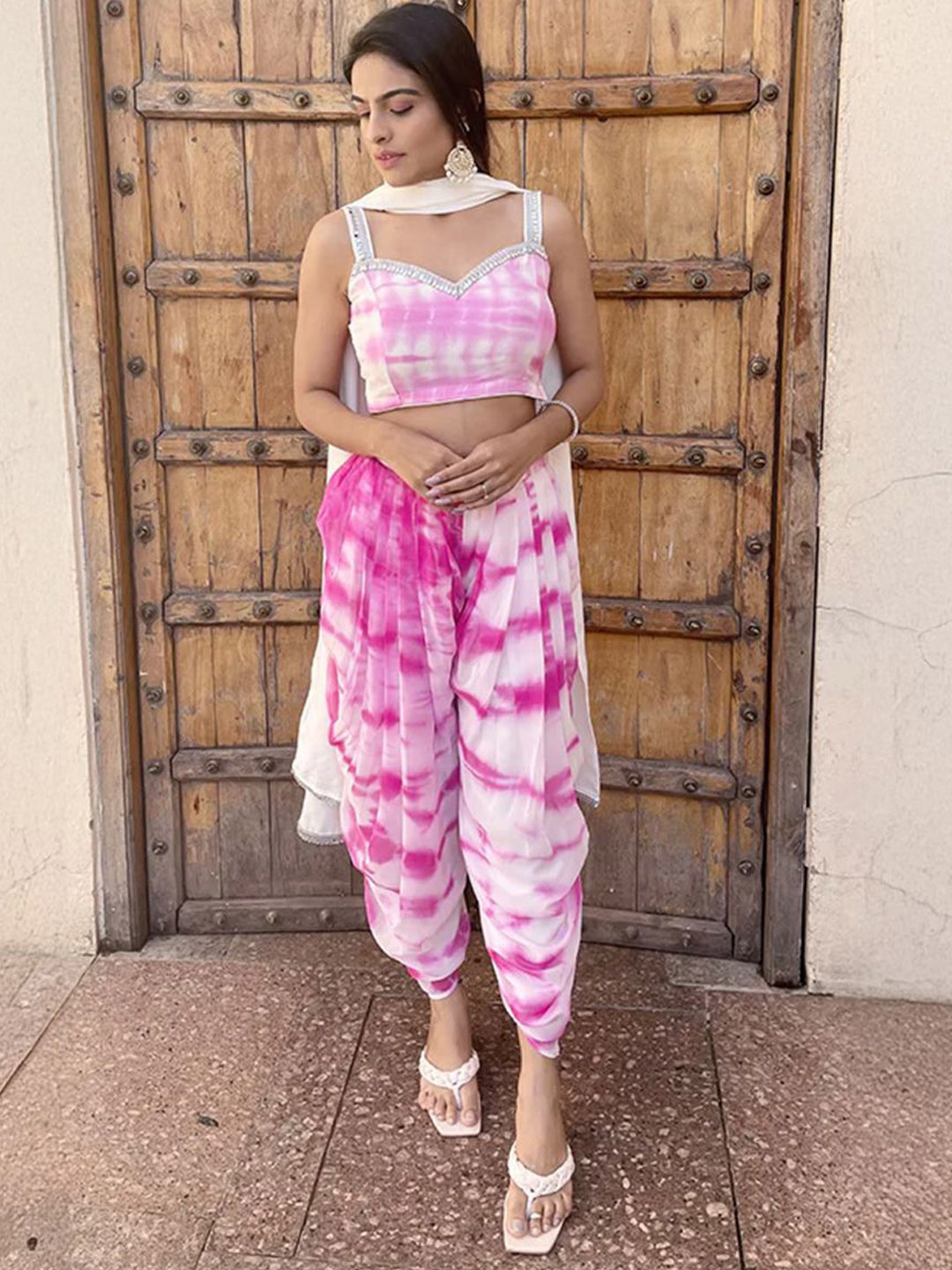 Niyaksha Woman Tie & Dye Crip Top & Dupatta With Dhoti Pant Co-Ords Set