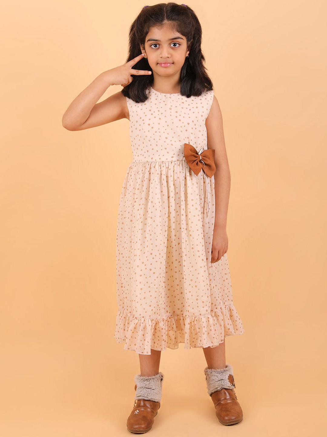 CALYX CLOTHING Girls Geometric Printed Round Neck Chiffon Bow Fit & Flare Dress