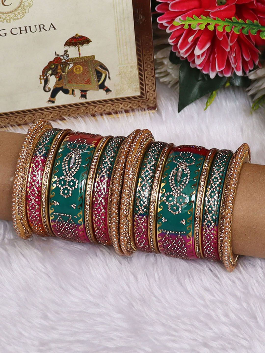 TAJ BRIDAL STORE Set Of 14 Kundan Studded Wedding Chura Bangles