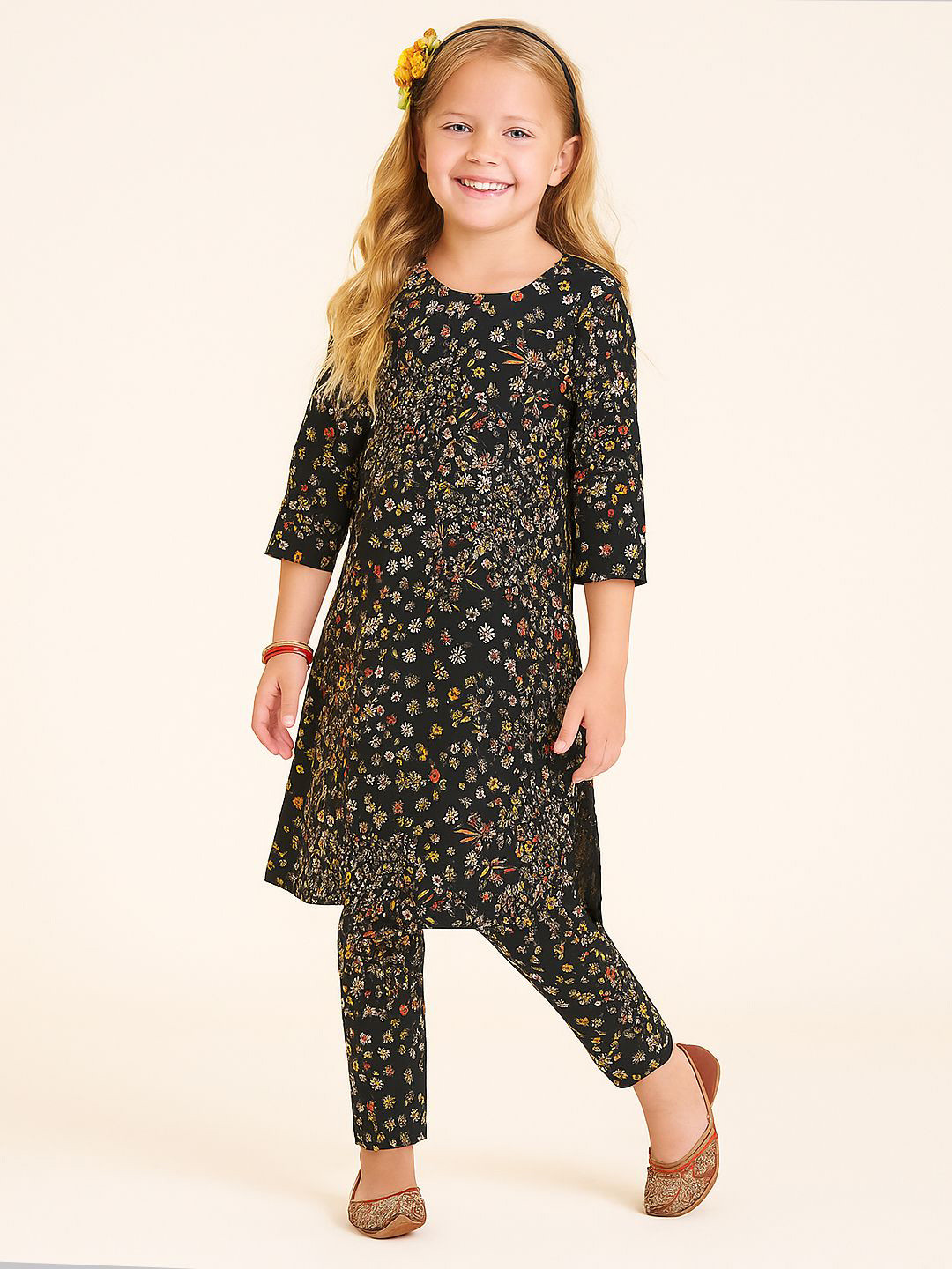 Girls Floral Printed Three-quarter Sleeve Kurti and Pant Set