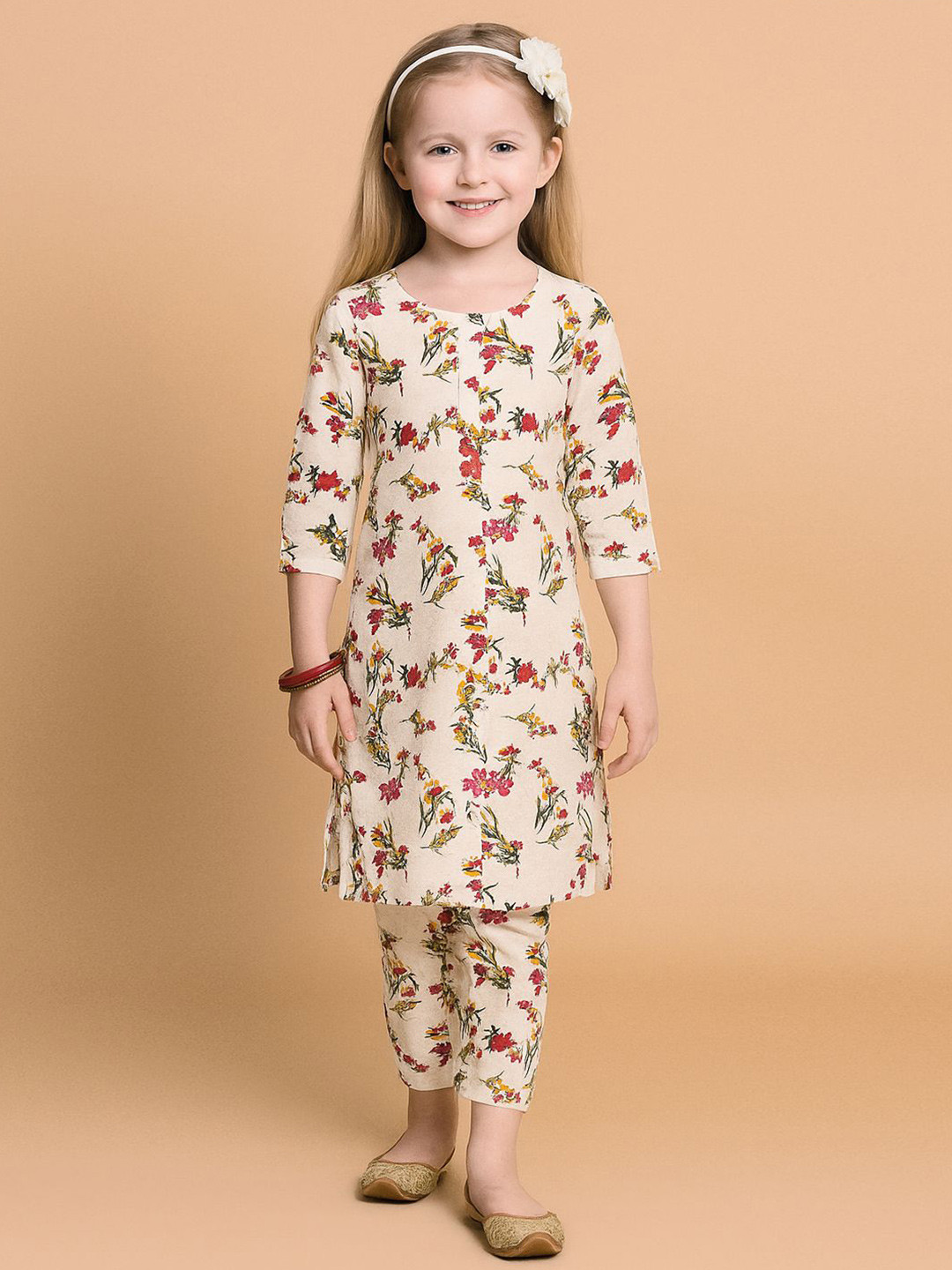 A.T.U.N. Girls Floral Printed Three-quarter Sleeve Kurti and Pant Set