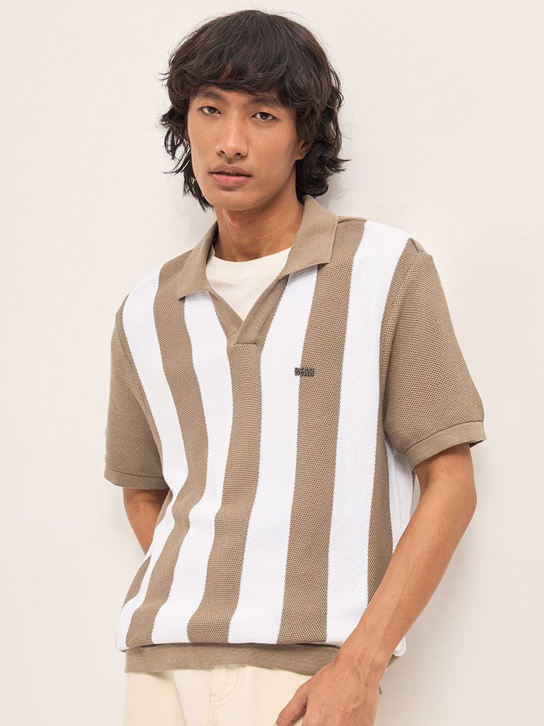 THE BEAR HOUSE Men Striped Polo Collar Pure Cotton T-shirt