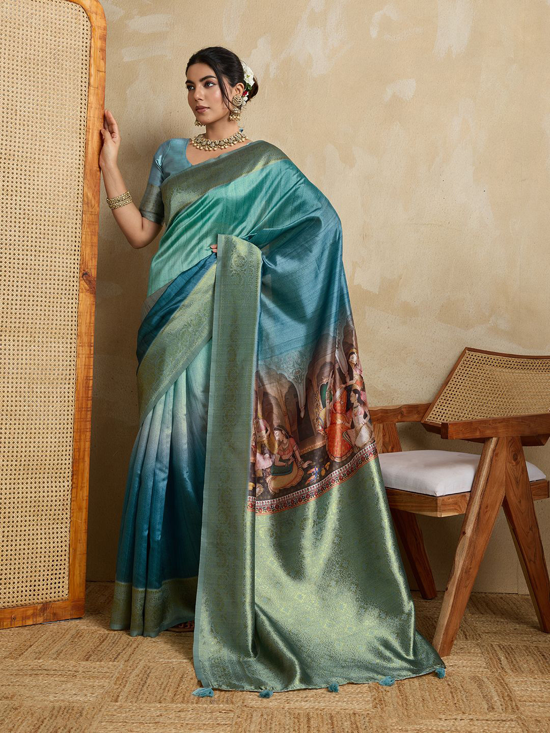 Durga Textile Kalamkari Printed Woven Design Border Zari Saree