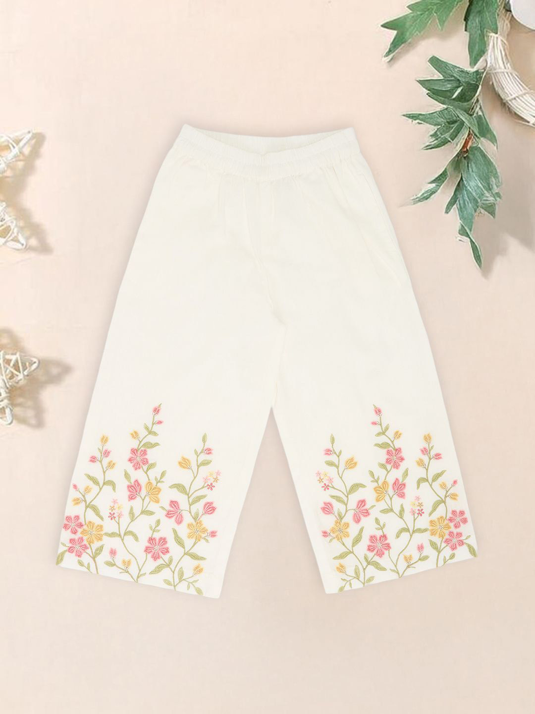 AKKRITI BY PANTALOONS Girls Floral Embroidered Easy Wash Trousers